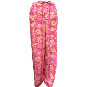 Saks Fifth Ave 100% Silk Pink & Yellow Daisy Lounge Pants Pajamas Coquette Sz S